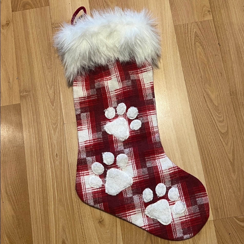 Red and white Christmas Stocking faux fur top   Sherpa white paw dog prints